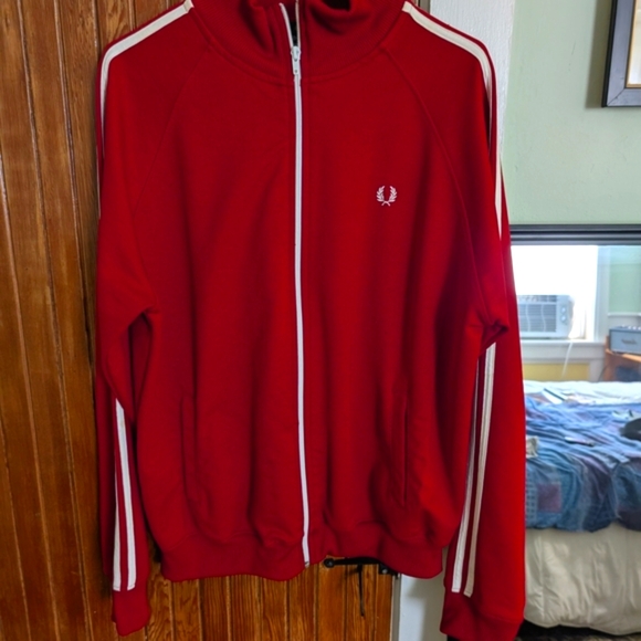 Fred Perry Red Track Jacket with White Stripes - Picture 6 of 7